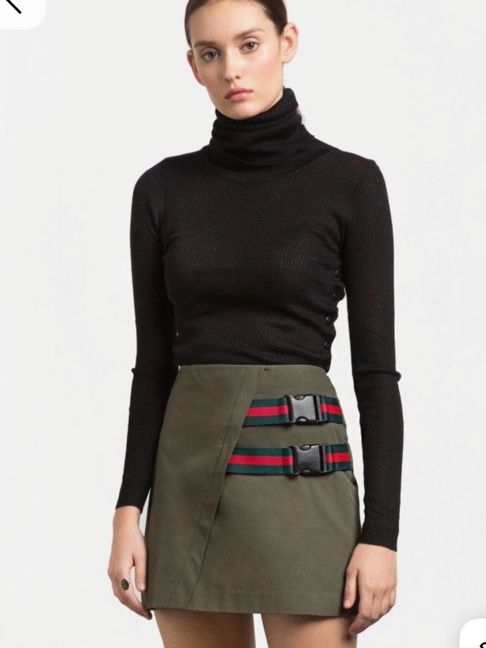 Pixie Market Olive Green Skirt with Green and Red Stripe Buckle Belt